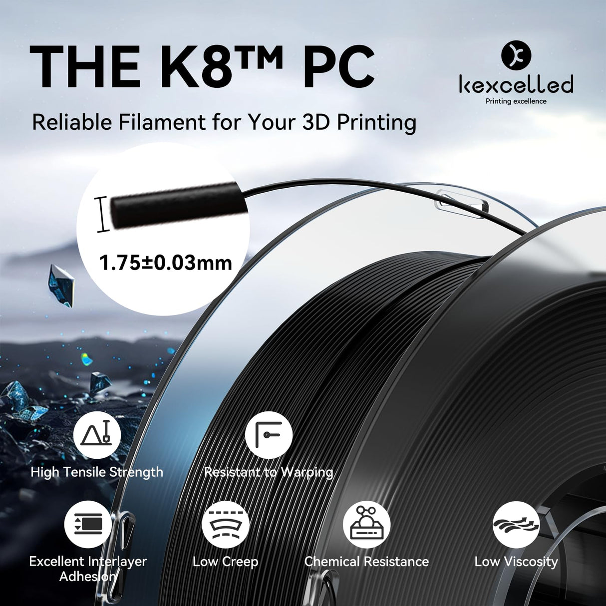 kexcelled PC Filament 1.75mm 1kg,White Polycarbonate Filament 1.75 with Tough and Heat Resistant,PC 3D Printer Filament Dimensional Accuracy +/- 0.03mm kexcelled