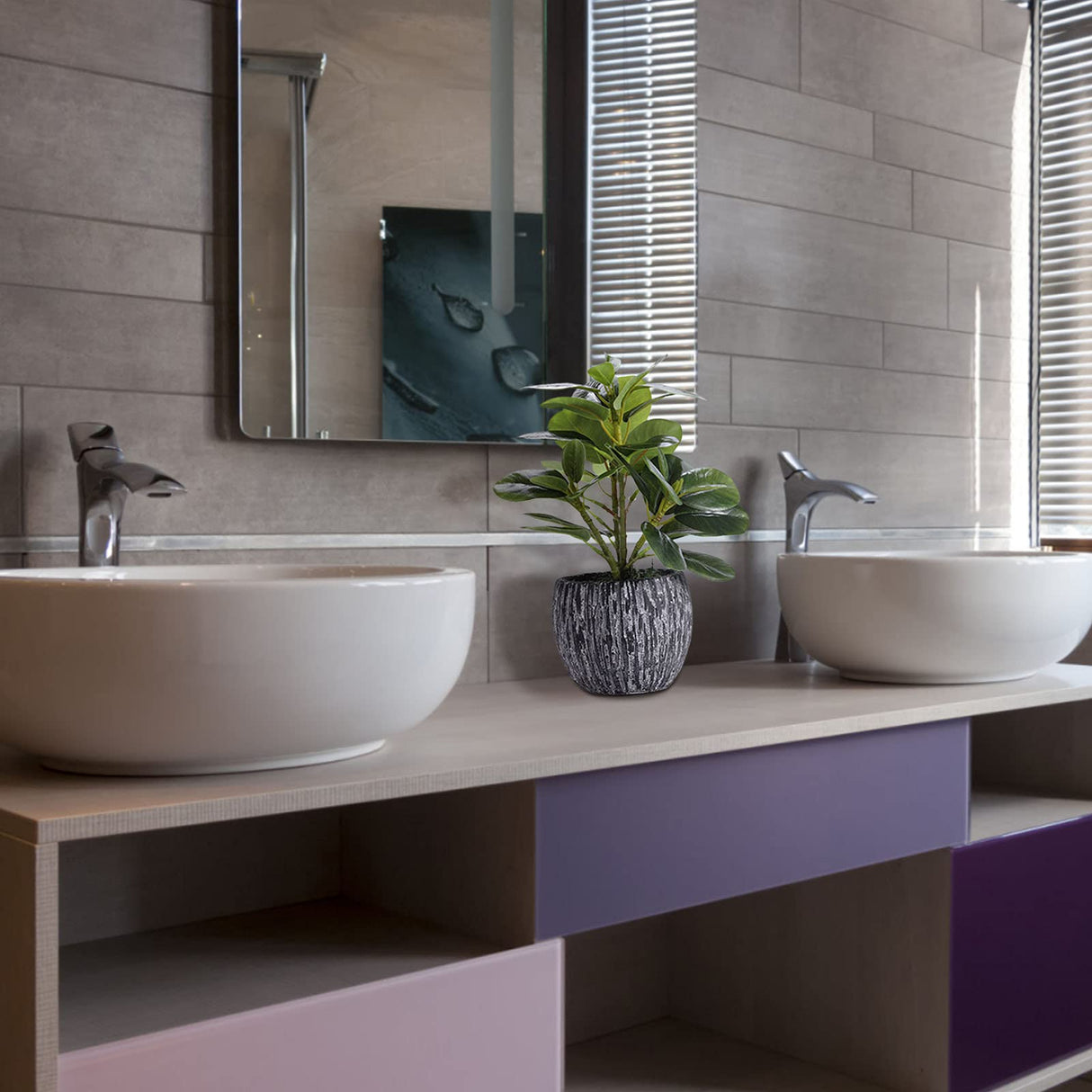 Artificial Potted Plant, Real Touch Artificial Oak Leaves Waterproof Fake Plants Indoor Outdoor, Eco Friendly Modern Concrete Greenery Plant Pots for Office Home Kitchen Shelf Farmhouse Decor SHOHAYTO