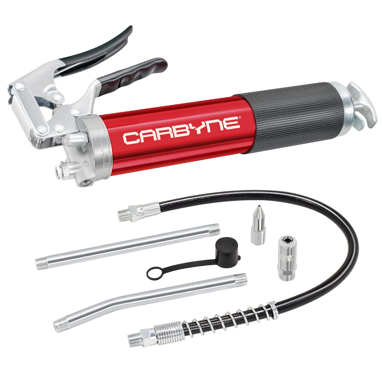 Carbyne Grease Gun - Pistol Grip, 7500 PSI, Heavy Duty Professional Quality, Anodized Aluminum Barrel. 18" HD Flex Hose w/Spring, 6" Straight & 6" Angled Tube, Coupler & Needle Noze, 3-Way Loading Carbyne