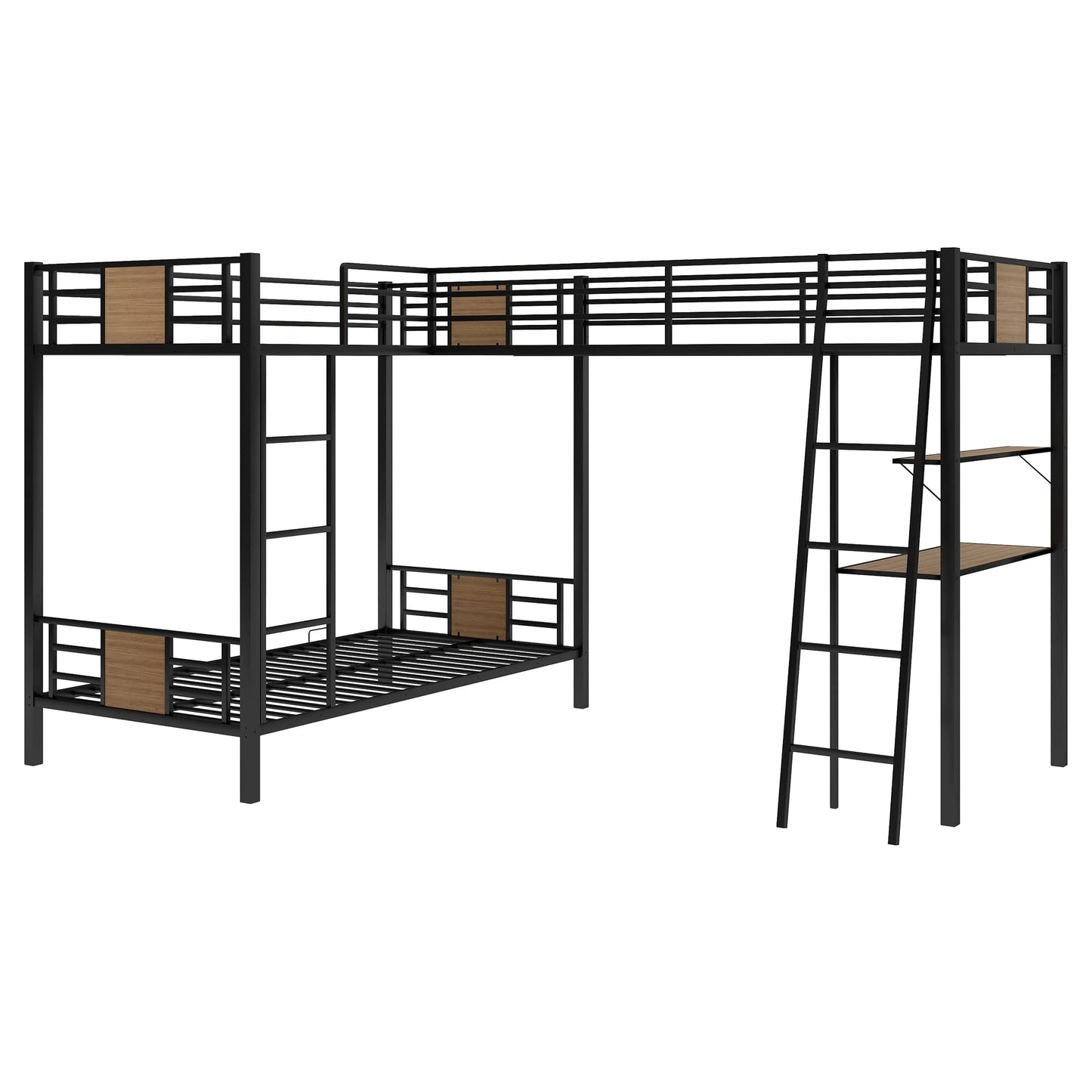 MERITLINE Triple Metal Bunk Beds,L-Shaped Metal Triple Bunk Bed with Desk and Shelf, Twin Over Twin Bunk Bed with A Twin Loft Bed Attached, 3 Bed Bunk Beds for Kids Teens, Brown