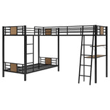 MERITLINE Triple Metal Bunk Beds,L-Shaped Metal Triple Bunk Bed with Desk and Shelf, Twin Over Twin Bunk Bed with A Twin Loft Bed Attached, 3 Bed Bunk Beds for Kids Teens, Brown MERITLINE
