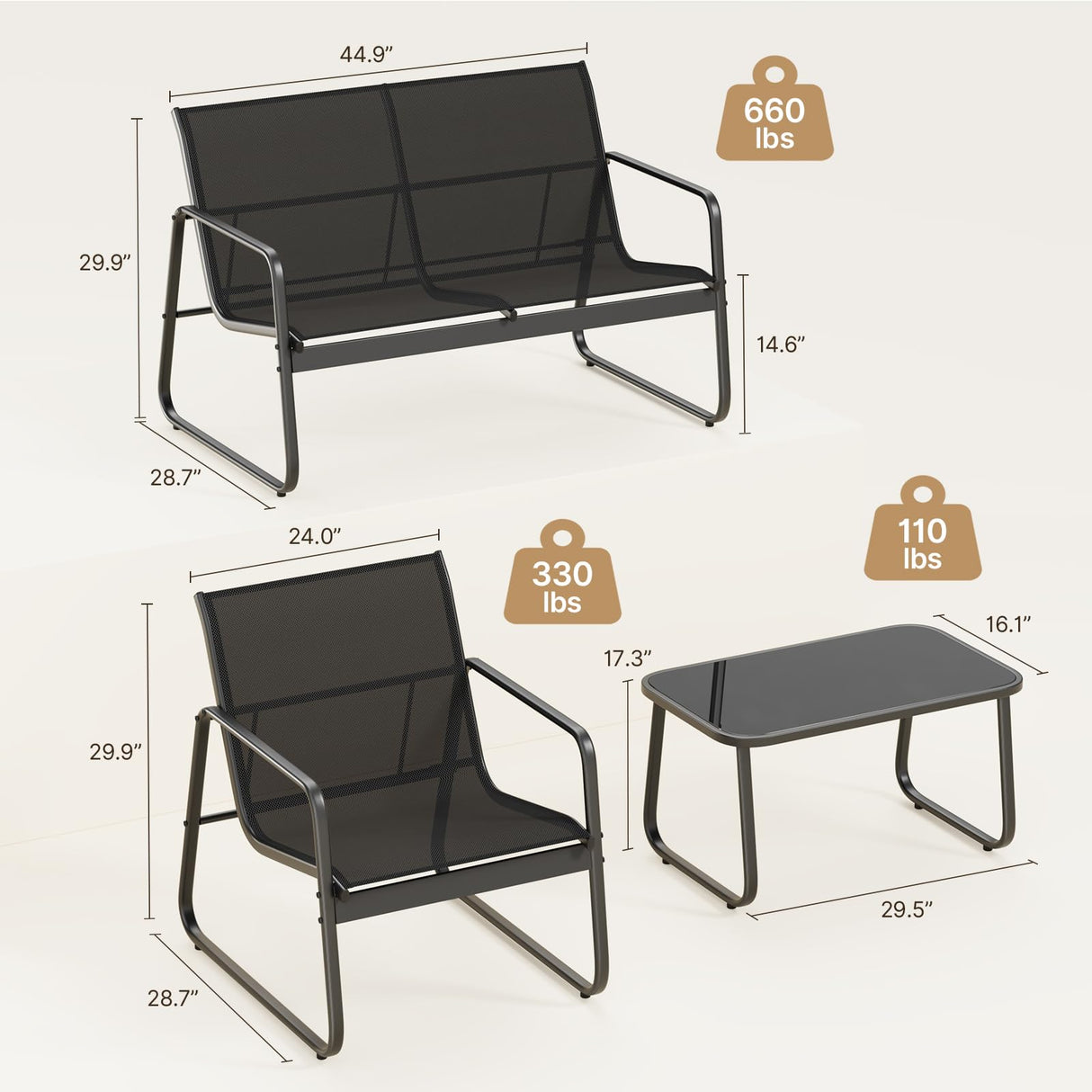 Gizoon 4 Piece Patio Furniture Set, Outdoor Patio Furniture with Loveseat and 2 Single Chairs, Bistro Table and Chairs Set for Backyard, Balcony, Lawn,Black Gizoon