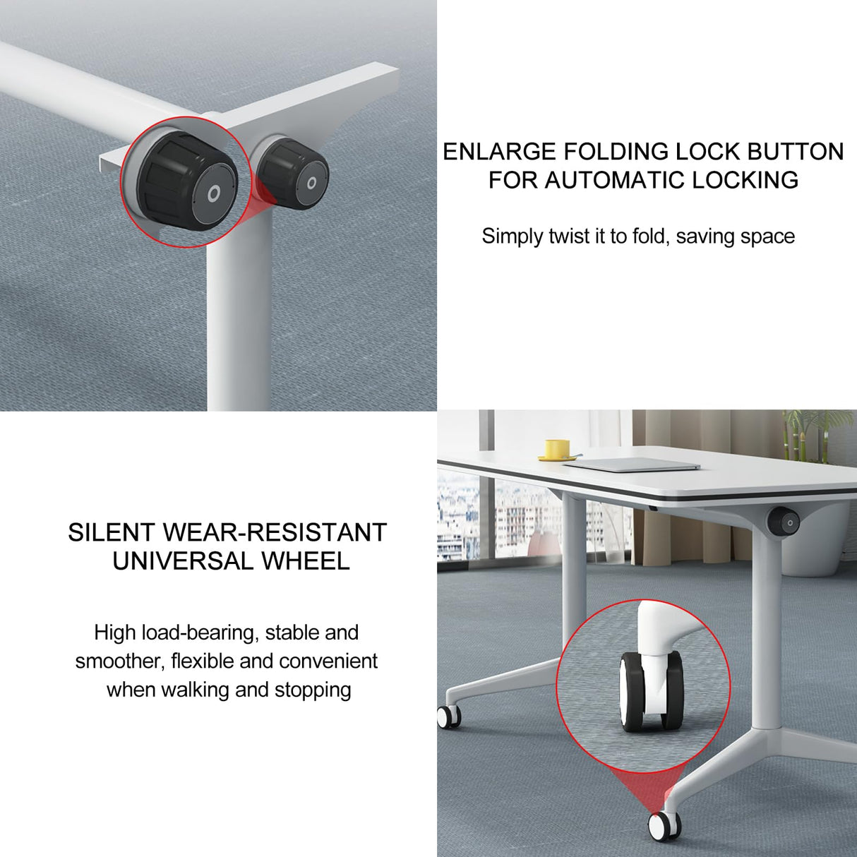 conference table,modern white office folding Flip Top Mobile Training Table 55"D x 21.6"W x 29.5"H The rounded table with wheels is convenient and fast,suitable for office,meeting room,classr ( 4Pcs) Ptosziav