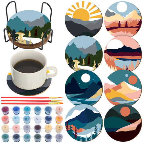 Reallnaive 8 Pcs Mountain Paint by Numbers Kit for Adults Cute Coasters with Holder Mini Paint by Numbers Kits Round Oil Painting Drink Coaster for Small DIY Craft Birthday Gift Reallnaive
