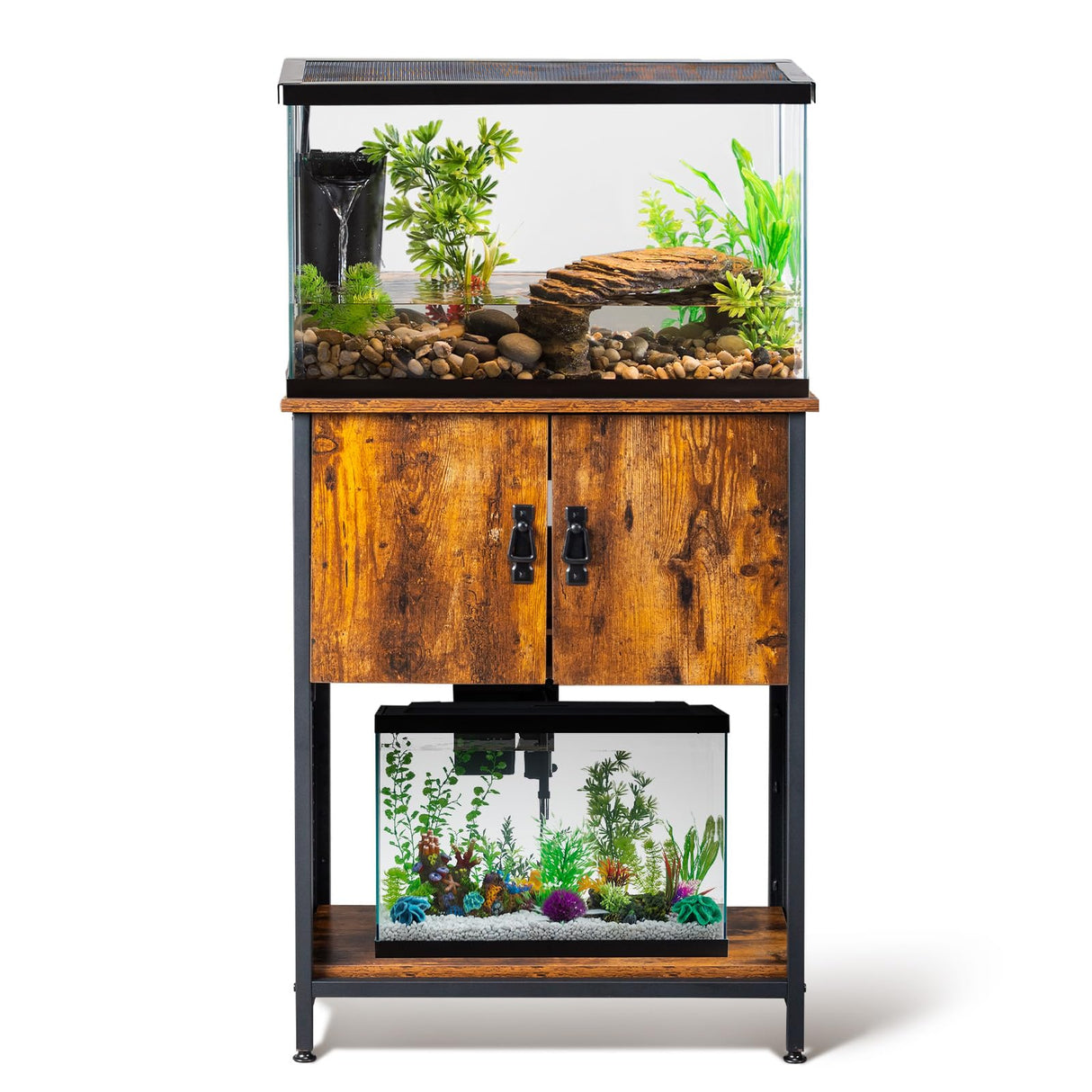 VINGLI 20 Gallon Fish Tank Stand, Metal Frame Aquarium Stand with Cabinet for Double Fish Tank ＆ Accessories Storage, 25.99" L* 13.78" W Tabletop, 550LBS Capacity, Rustic Brown VINGLI