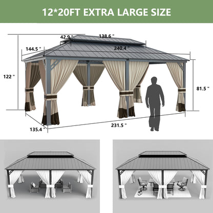 12' x 20' Hardtop Gazebo,Outdoor Galvanized Steel Metal Double Roof Gazebo with Curtains and Netting for Patios, Gardens, Lawns,Khaki