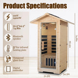 1 Person Far Infrared Home Sauna,Outdoor Indoor Wooden Dry Sauna Room with 5 Graphene Heating Panels,1400W/110V Tempered Glass Door, Oxygen Ionizer, 7 Chromotherapy Lights, Bluetooth Sound System Homsido