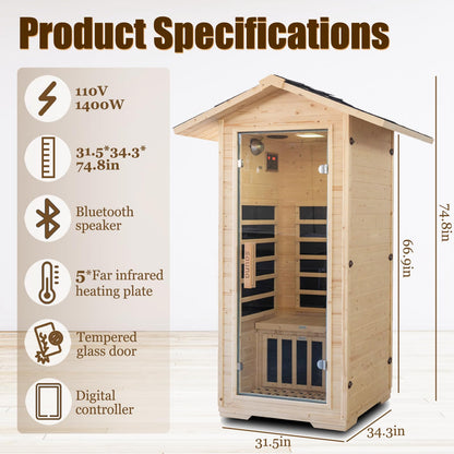 1 Person Far Infrared Home Sauna,Outdoor Indoor Wooden Dry Sauna Room with 5 Graphene Heating Panels,1400W/110V Tempered Glass Door, Oxygen Ionizer, 7 Chromotherapy Lights, Bluetooth Sound System