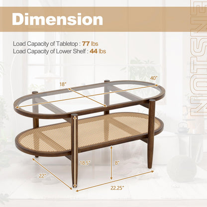 Giantex Boho Rattan Coffee Table - Acacia Wood Center Table with Tempered Glass Tabletop & PE Rattan Storage Shelf, 2-Tier Oval Tea Table for Small Space, Living Room, Bedroom, 40”L - WoodArtSupply