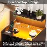 LED Nightstand with Charging Station, Night Stand with 2 Drawers and Open Storage, Bedside Table with LED Lights, Modern End Table with USB Ports Outlets, Black Diliplain