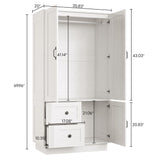 LIKIMIO Farmhouse Wardrobe Closet with Doors, 70" Bedroom Armoires with LED Lights and Hanging Rod, Wooden Large Wardrobe Cabinet with 2 Drawers and 1 Cabinet, Classic White LIKIMIO