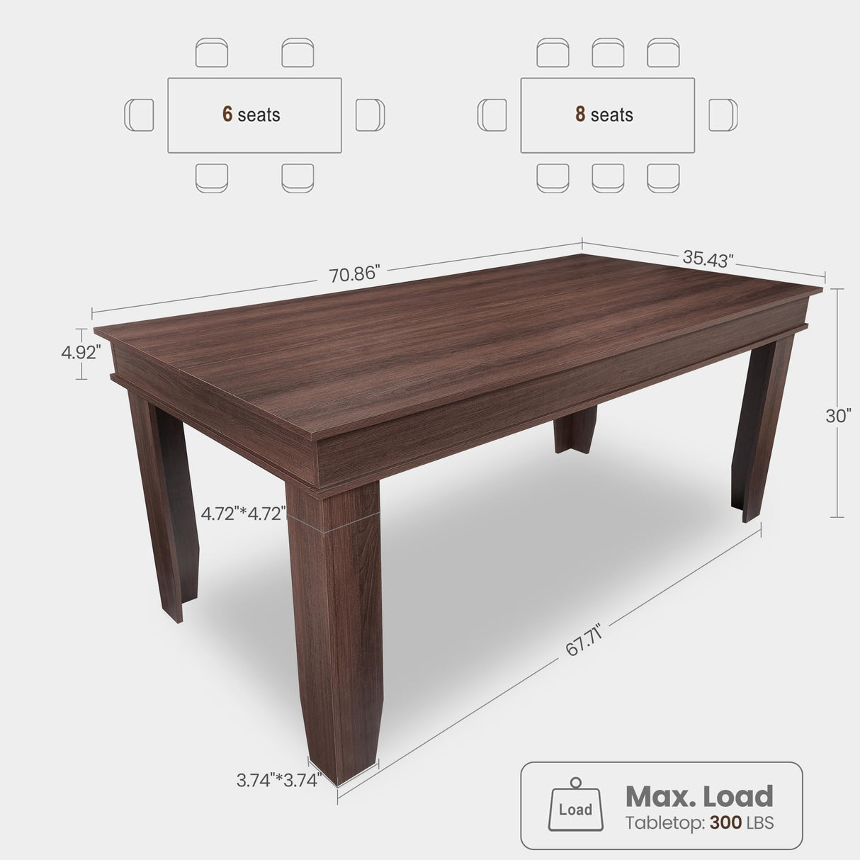 Farmhouse Dining Table for 6~8 People, 70.87" Long Rectangle Dining Table, Wood Kitchen Table with Sturdy Table Leg, Dinner Table, Dining Room Table for Kitchen, Dining Room-Brown GarveeHome