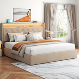 Loomie Upholstered Queen Bed Frame with Lift-Up Storage, LED Lights & Charging Station in Beige Loomie