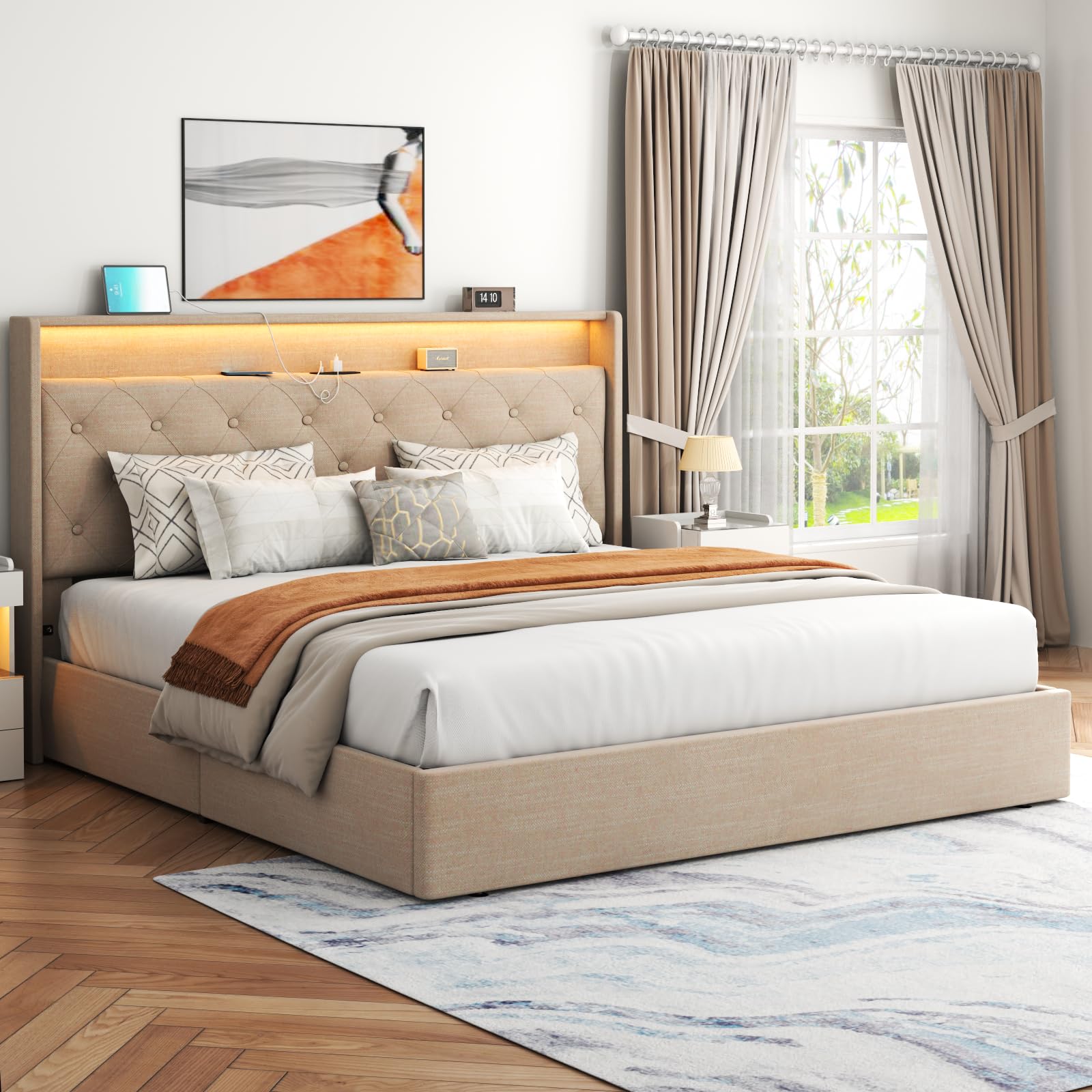 Loomie Upholstered Queen Bed Frame with Lift-Up Storage, LED Lights & Charging Station in Beige - WoodArtSupply