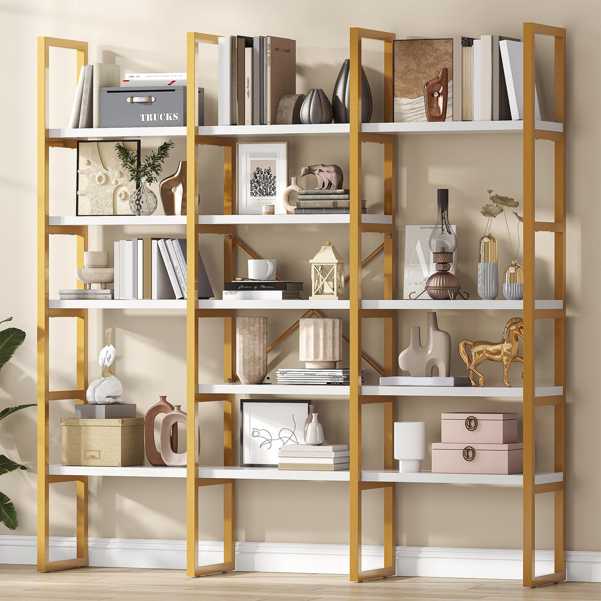Jehiatek Gold Bookshelf 5 Tiers, Geometric Bookcase, 71"L x 71"H Tall Etagere Book Case, Sturdy Metal Frame, Freestanding Display Shelving Unit for Home, Office, Library Jehiatek