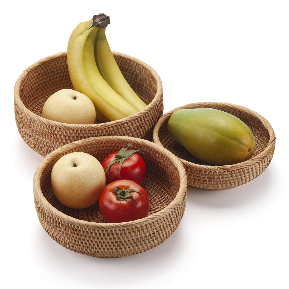 Round Rattan Fruit Baskets Woven Storage Bowls Key Holder Stackable for Shelf Kitchen Tabletop Natural Set of 3 DECRAFTS