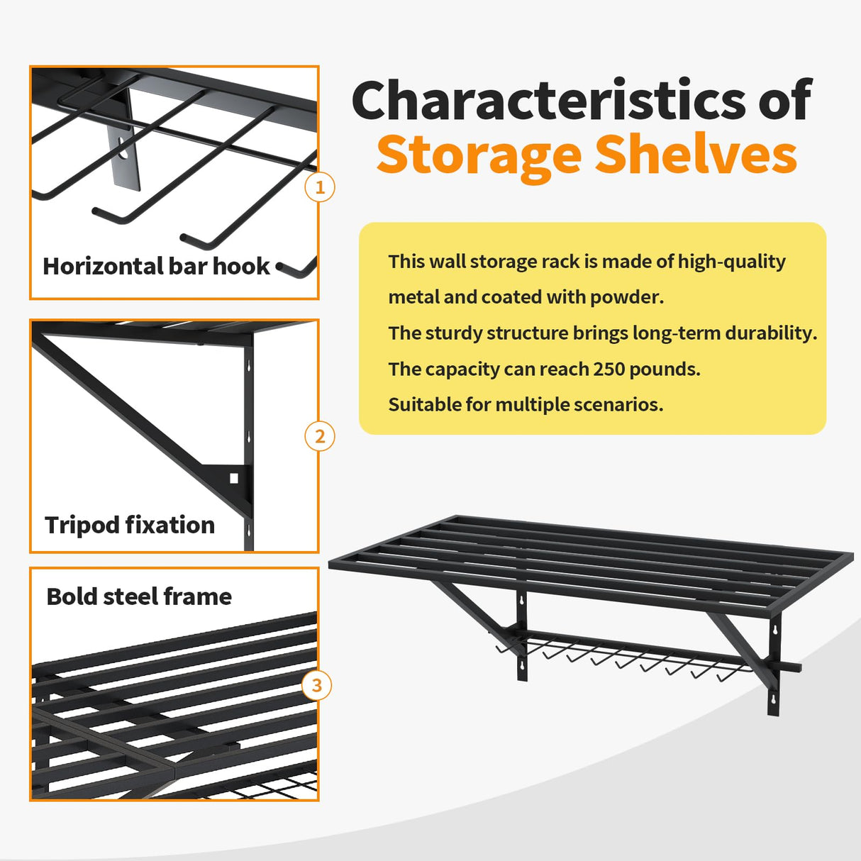 MKZYO Garage Wall Mounted Shelf,Heavy Duty Wall Shelving,Garage Storage Rack with Hooks,Sturdy Shelving,Shelves Organizer with Power Tools Hanger (Black, 35.43×19.68in*2) MKZYO