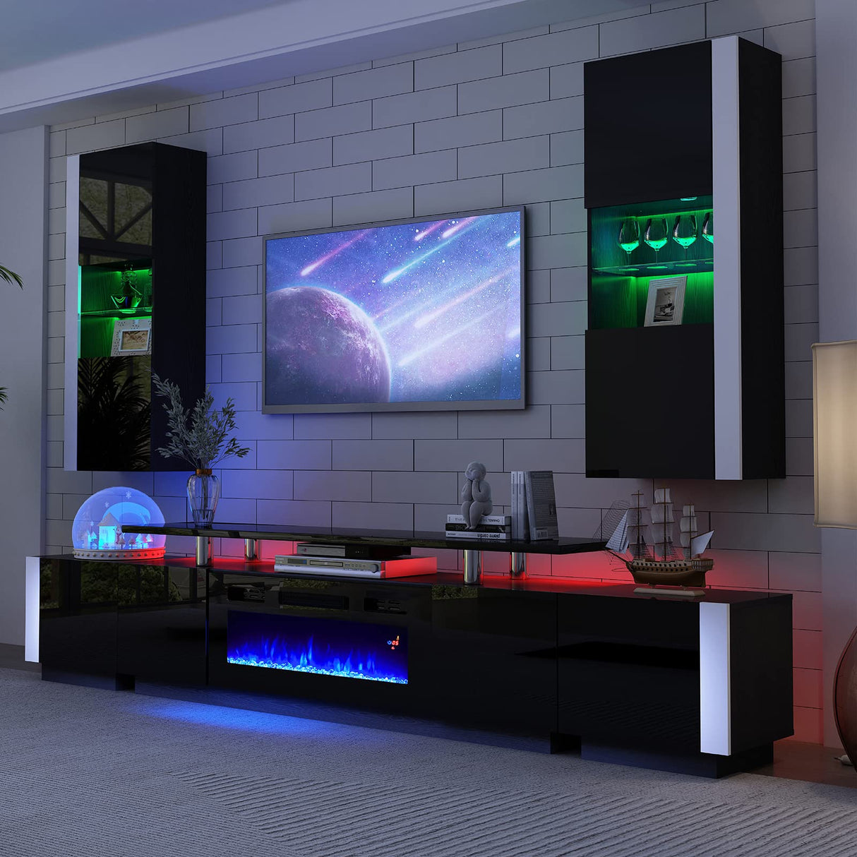 AMERLIFE Wall Storage Cabinets with LED Lights, Modern High Gloss Hanging Cabinets with 4 Closed Doors & Open Glass Shelves, for Living Room/Bedroom/Office, Black(Set of 2) AMERLIFE