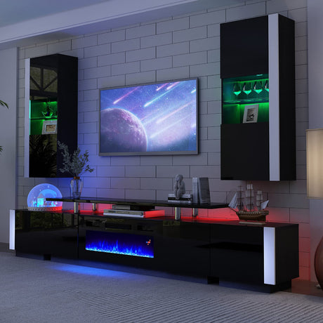 AMERLIFE Wall Storage Cabinets with LED Lights, Modern High Gloss Hanging Cabinets with 4 Closed Doors & Open Glass Shelves, for Living Room/Bedroom/Office, Black(Set of 2) AMERLIFE