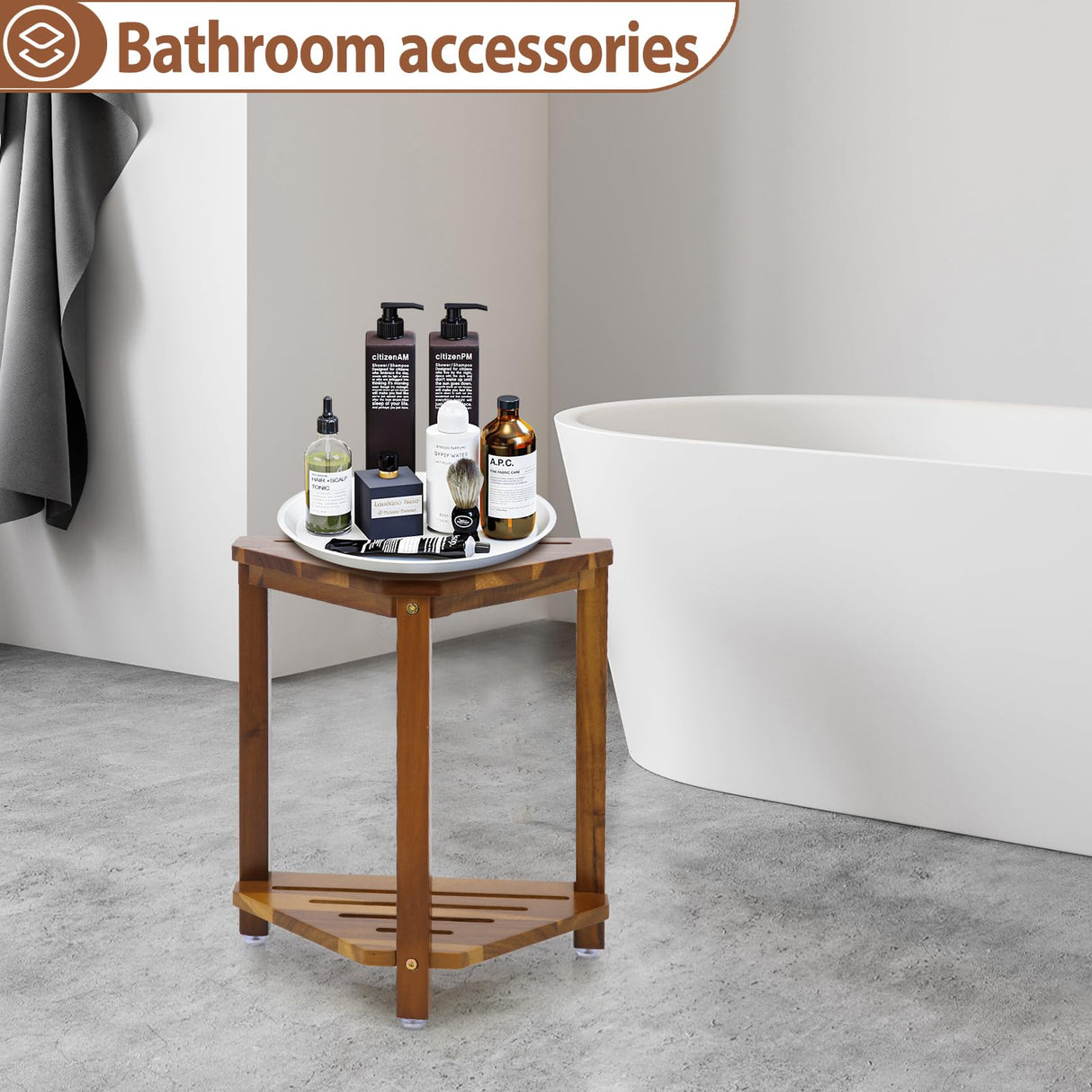 IBosins 16in Shower Foot Rest Corner Shower Stool for Shaving Legs with Storage Shelf Small Bench for Inside Shower to Sit on Bath Seat - Acacia Wood IBosins