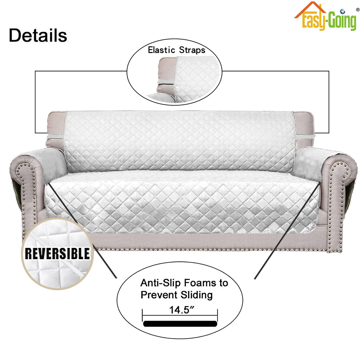 Easy-Going Reversible Couch Cover for 3 Cushion Couch Sofa Cover for Dogs Water Resistant Furniture Protector Cover with Foam Sticks Elastic Straps for Pet Cat (Sofa, White/White) Easy-Going