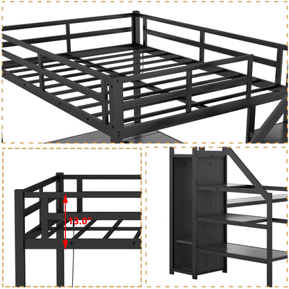 Twin XL Loft Bed with Stairs and Wardrobe, Heavy Duty Loft Bed with Desk and Storage, RGB LED Loft Bed with USB Port, Outlets and Adjustable Shelf(Black Twin XL)