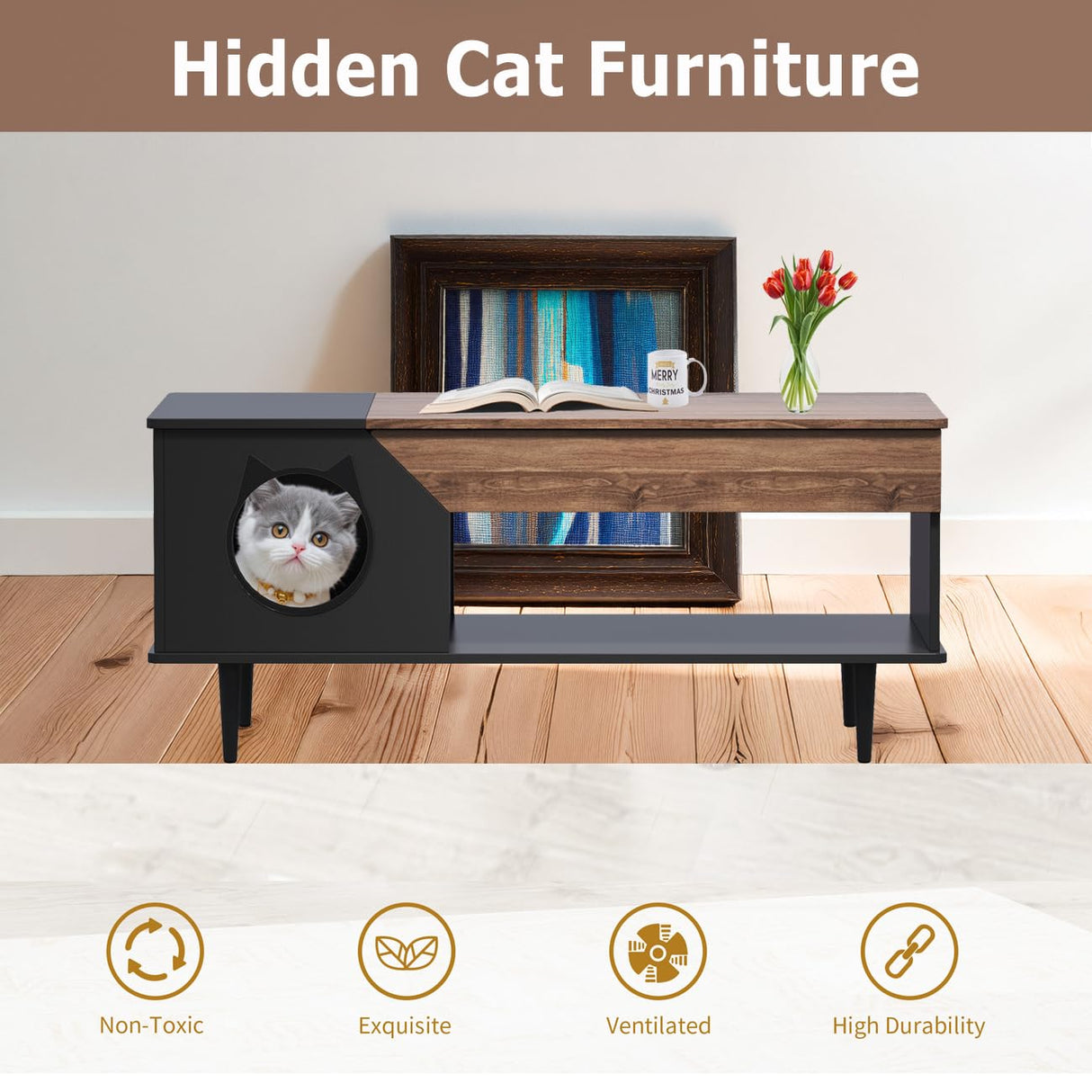 GarveeLife 45 in Black Coffee Table Cat Tables Living Room with Storage Drawer, Wooden Rustic Coffee Tables with Cat House, Hidden Kitty Food Table Litter Box Furniture Retro Color GarveeLife