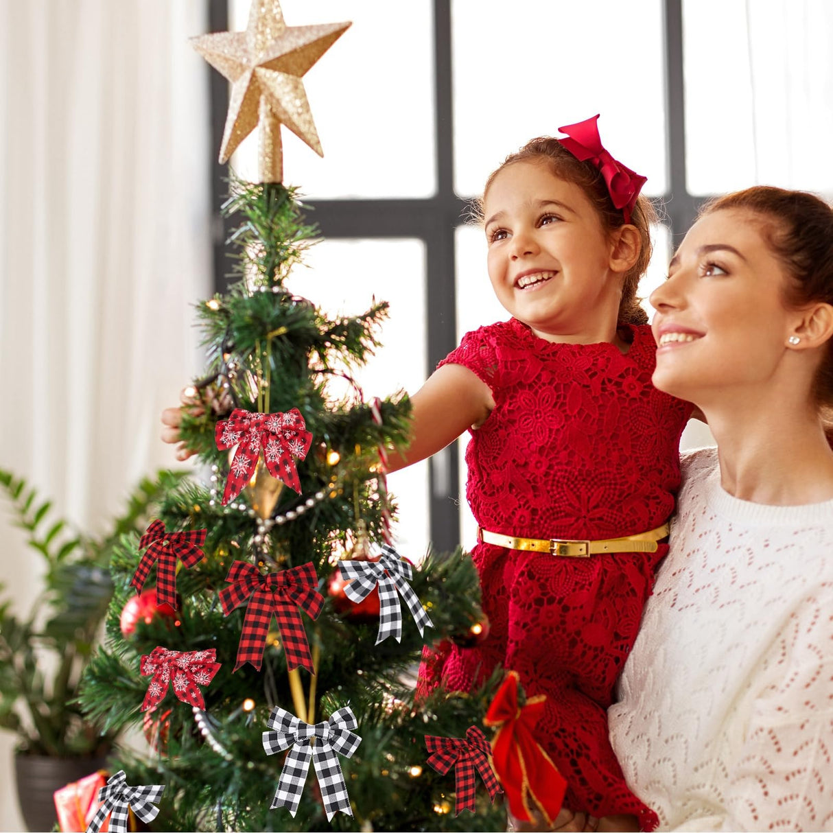 Boao 6 Rolls Christmas Wired Ribbons 2.5 Inch x 24 Yards Buffalo Red White Black Plaid Ribbons Vintage Truck Trees Glittered Snowflake Wired Edge Ribbon for Christmas DIY Wrapping Wedding Floral Craft Boao