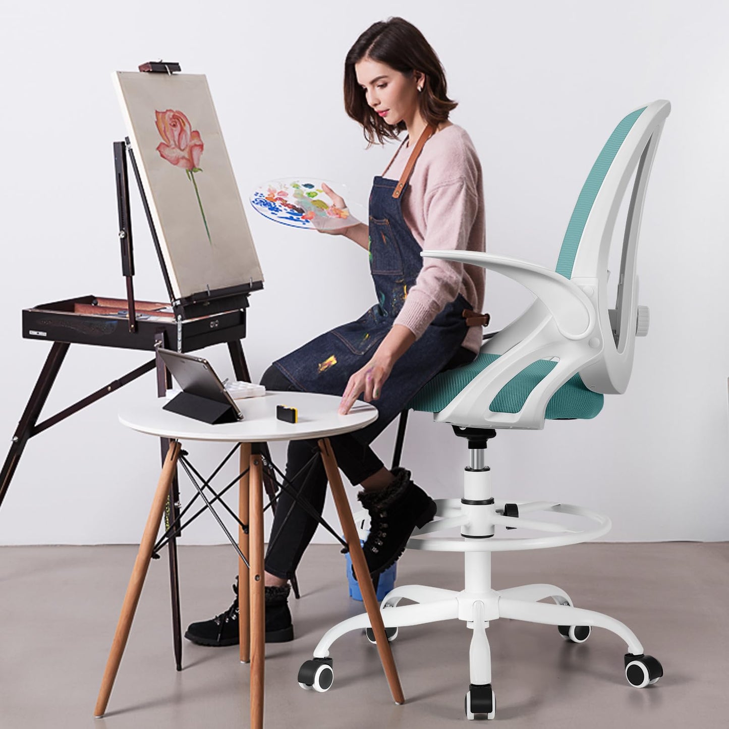 Razzor Drafting Chair Tall Ergonomic Office Chair with Adjustable Lumbar Support, Stand Stool High Office Desk with Footrest Ring, Executive Computer Chair with Flip Up Armrests - MintGreen