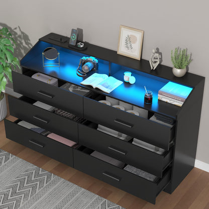 6 Drawers Dresser, Dresser for Bedroom with Power Outlet, Modern Chest of Drawers with LED Light, Storage Dresser with Open Storage Cubby, Dresser Organizer for Closet, Entryway, Living Room, Black