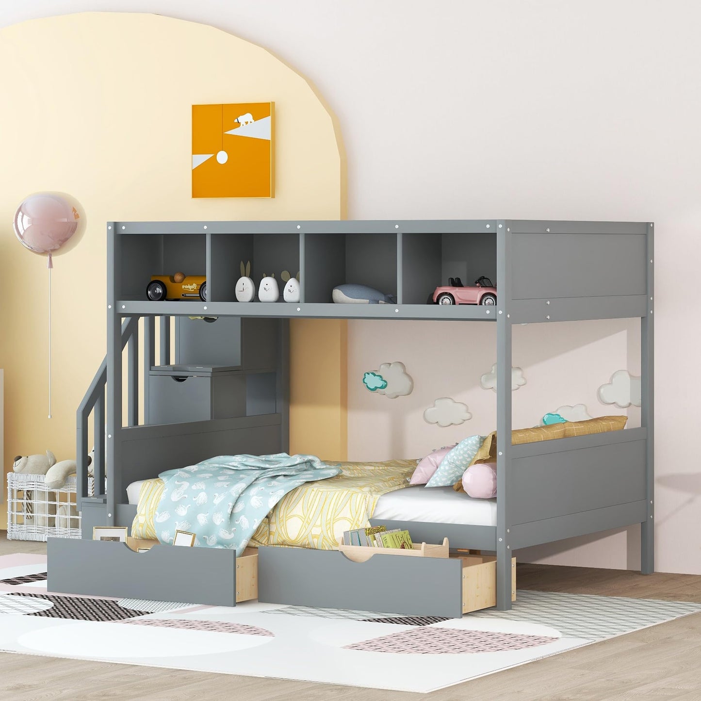 Harper & Bright Designs Grey Twin Over Full Bunk Bed with Stairs and Storage Solutions