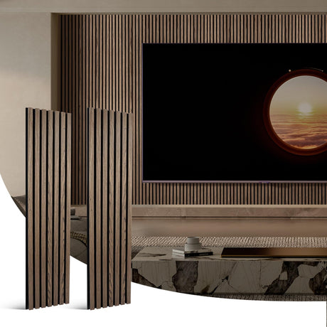 Wood Slat Acoustic Wall Panels – 2PC 47.24“x11.22” Sound Dampening Panels with Natural Wood Finish – 3D Fluted Decorative Interior Wall Panels for Home, Studio, Office (Walnut) Starfavor