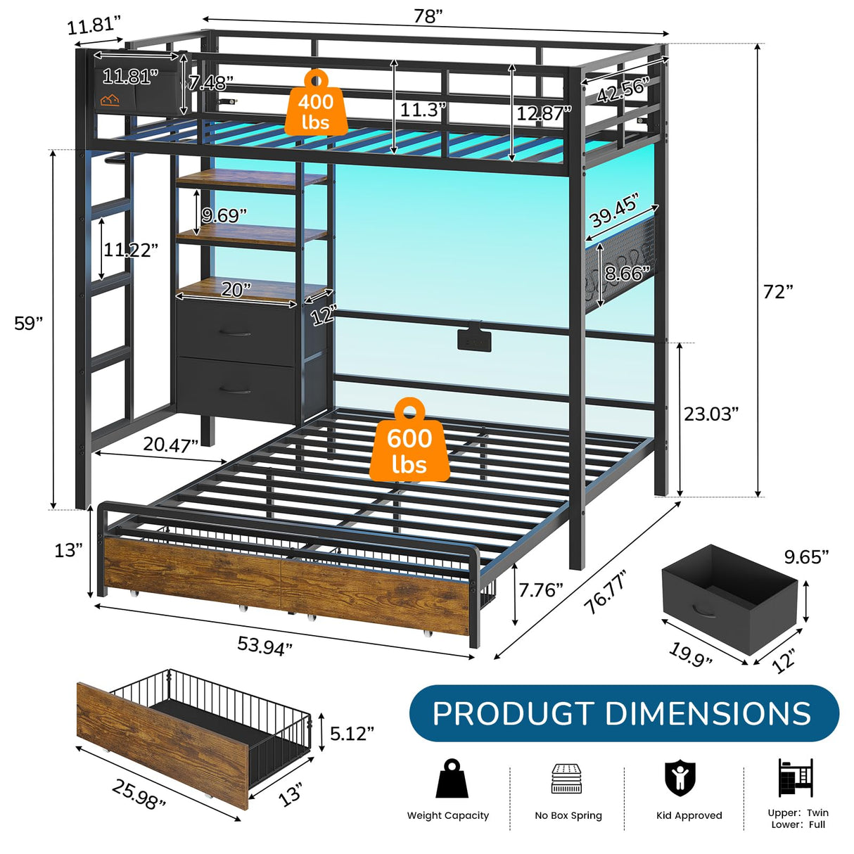 Twin Over Full Size Bunk Bed with 4 Storage Drawers and Bookshelf, Metal Bunk Beds with LED Lights, Charging Station, Loft Bunk Bed with Pegboard, Safety Guardrail and Ladders, for Kids, Teens, Adults mojiasion