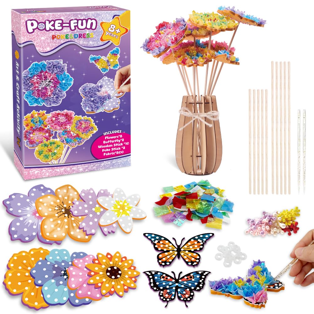 DIY Flower Craft Kits for Kids Ages 4-12 | Creative Arts and Crafts for Girls, Perfect Birthday & Holiday Gifts, Party Activities | Poke-in Art Supplies with 800+ Fabric Squares & Vase CACRTY
