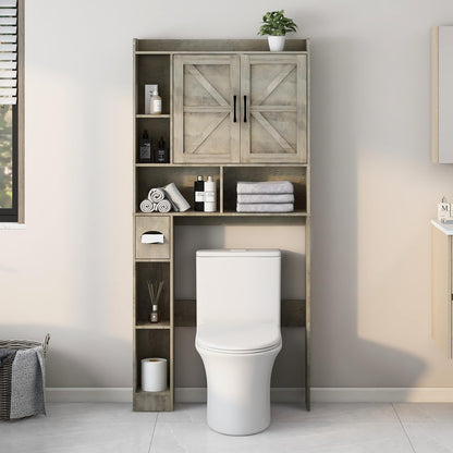 Over The Toilet Storage Cabinet, Farmhouse Storage Cabinet Over Toilet with 2 Barn Door & Toilet Paper Holder Stand，Home Space-Saving Toilet Rack, for Bathroom, Restroom, Laundry