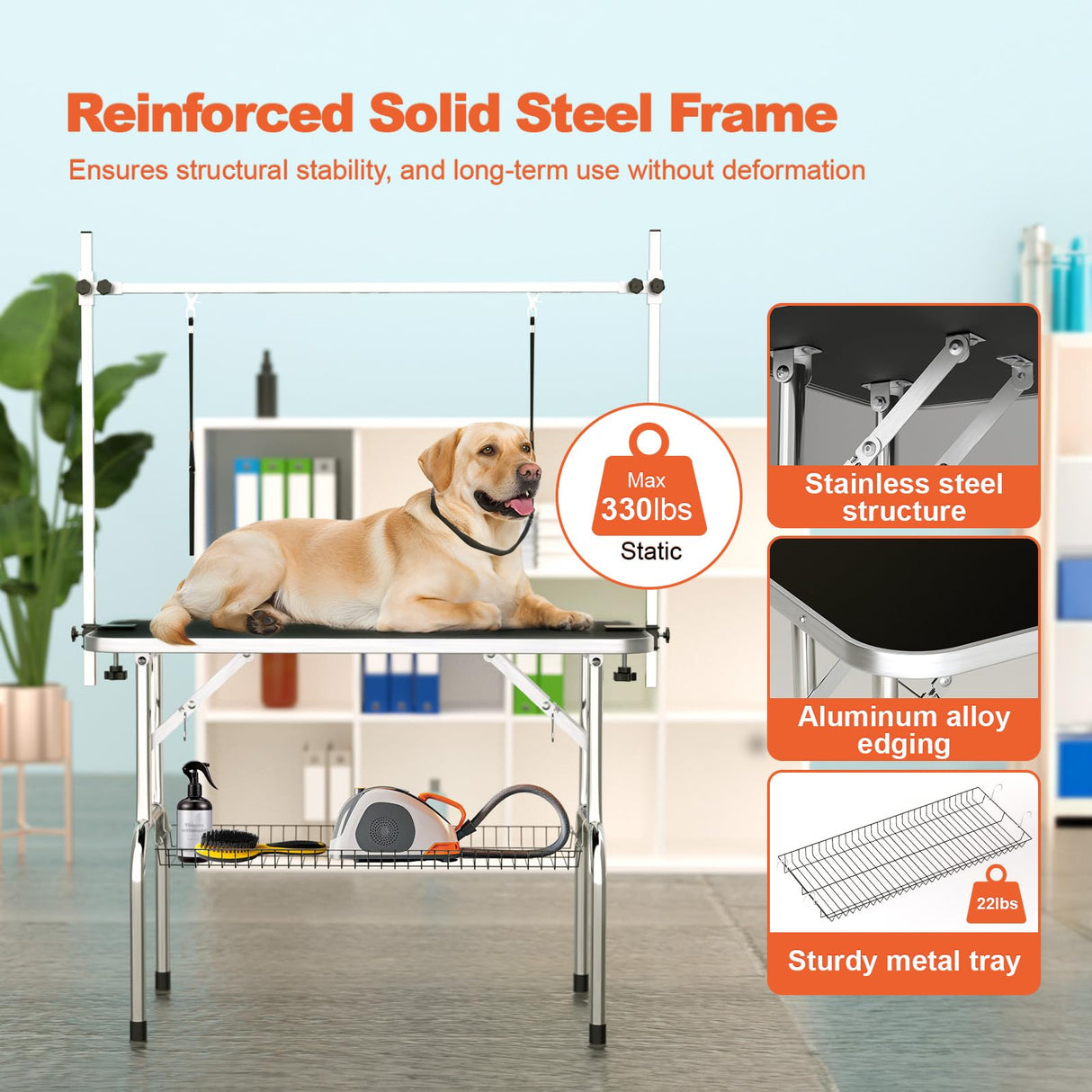 ynhunreth 46'' Dog Grooming Table for Large Dogs, Foldable Professional Grooming Table for Dogs at Home with Double Loops/Mesh Tray/Adjustable Arm, Capacity up to 330lbs, Black ynhunreth