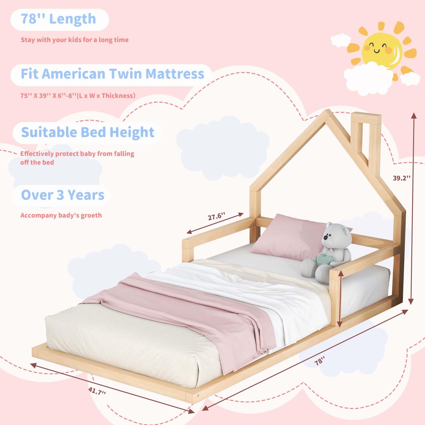 Bellemave Twin Size Montessori Floor Bed with House-Shaped Headboard and Railings in Natural Finish