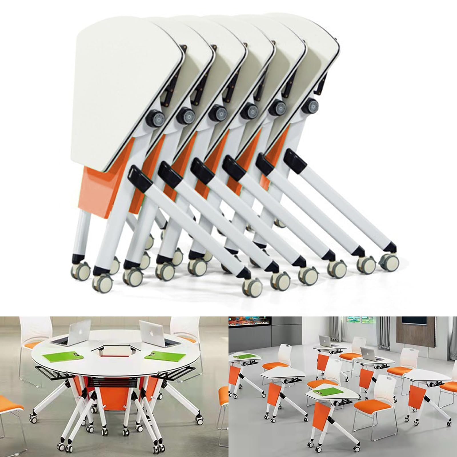 Folding Conference Table 6PCS, Modern Sector Shape Conference Room Table, Flip Top Mobile Training Table, Mobile Conference Tables with Silent Wheels, Meeting Room Table for Office Training - WoodArtSupply