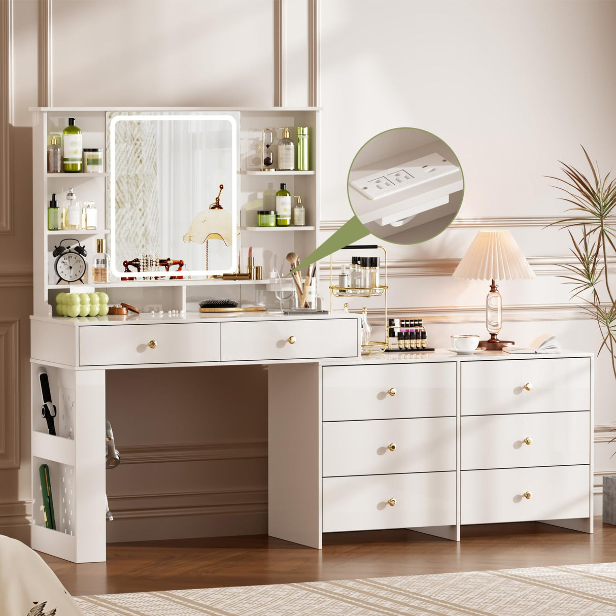 YYJ 74.8''Makeup Vanity Desk with Large Mirror and Lights&Charging Station,Modern Corner Vanity Table with 8 Storage Drawers and Shelves,Dressing Table with nightstand,Makeup Table for Bedroom,White YYJ