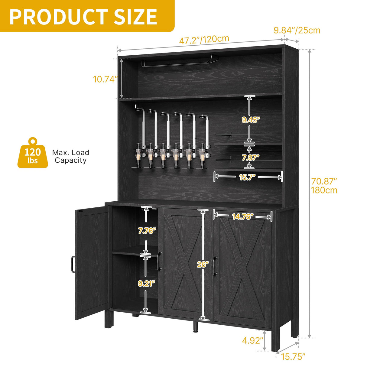 DWVO Tall Liquor Cabinets with LED Light, 71" Wine Liquor Bar Cabinet w/ 6-Bottle Liquor Dispenser & Wine Rack, Farmhouse Kitchen Cabinet for Dining Room, Black DWVO