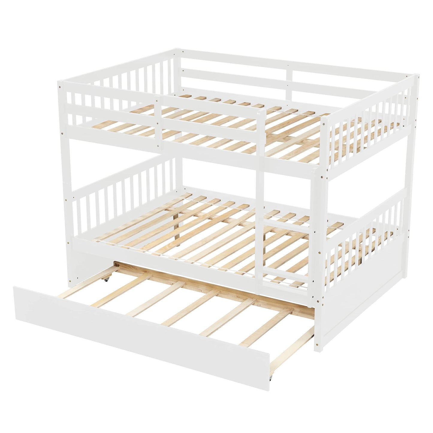 Ziraukon Full Over Full Bunk Bed with Trundle, Convertible to 2 Full Size Platform Beds, Pine Wood Full Size Bunk Bed with Ladder & Safety Rails, Sturdy & Stylish, White