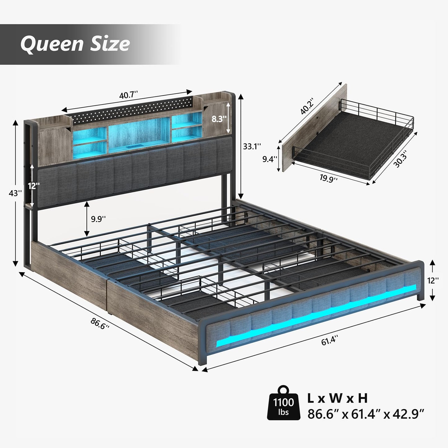 CSZZD Queen Bed Frame with 4 Storage Drawers and Bookcase Headboard, Upholstered LED Bed Frame Queen with Type-C & USB Charging Station, Metal Platform Bed with Storage, No Box Spring Needed, Oak Gray