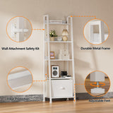 Furologee 5-Tier White Ladder Shelf, Ladder Bookshelf with Removable Drawer, Mordern Bookcase Storage Rack Organizer, Wood Metal Freestanding Storage Shelves for Living Room, Home Office, Bedroom Furologee