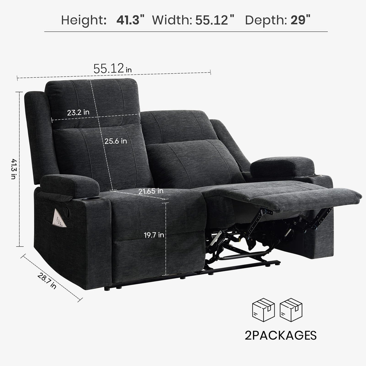 LURVIA 55" RV Loveseat Recliner – Space-Saving Double Reclining RV Sofa, Compact Theater Seating with Cup Holders & Storage Pocket, Black Chenille Couch for Camper, Motorhome & Home Theater LURVIA