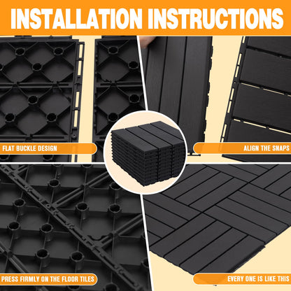 Plastic Interlocking Deck Tiles, 12"x12" Patio Deck Tiles, 9 Pack Waterproof Outdoor Flooring All Weather Use, Patio Floor Decking Tiles for Patio, Balcony, Poolside, and More - Dark Grey - WoodArtSupply