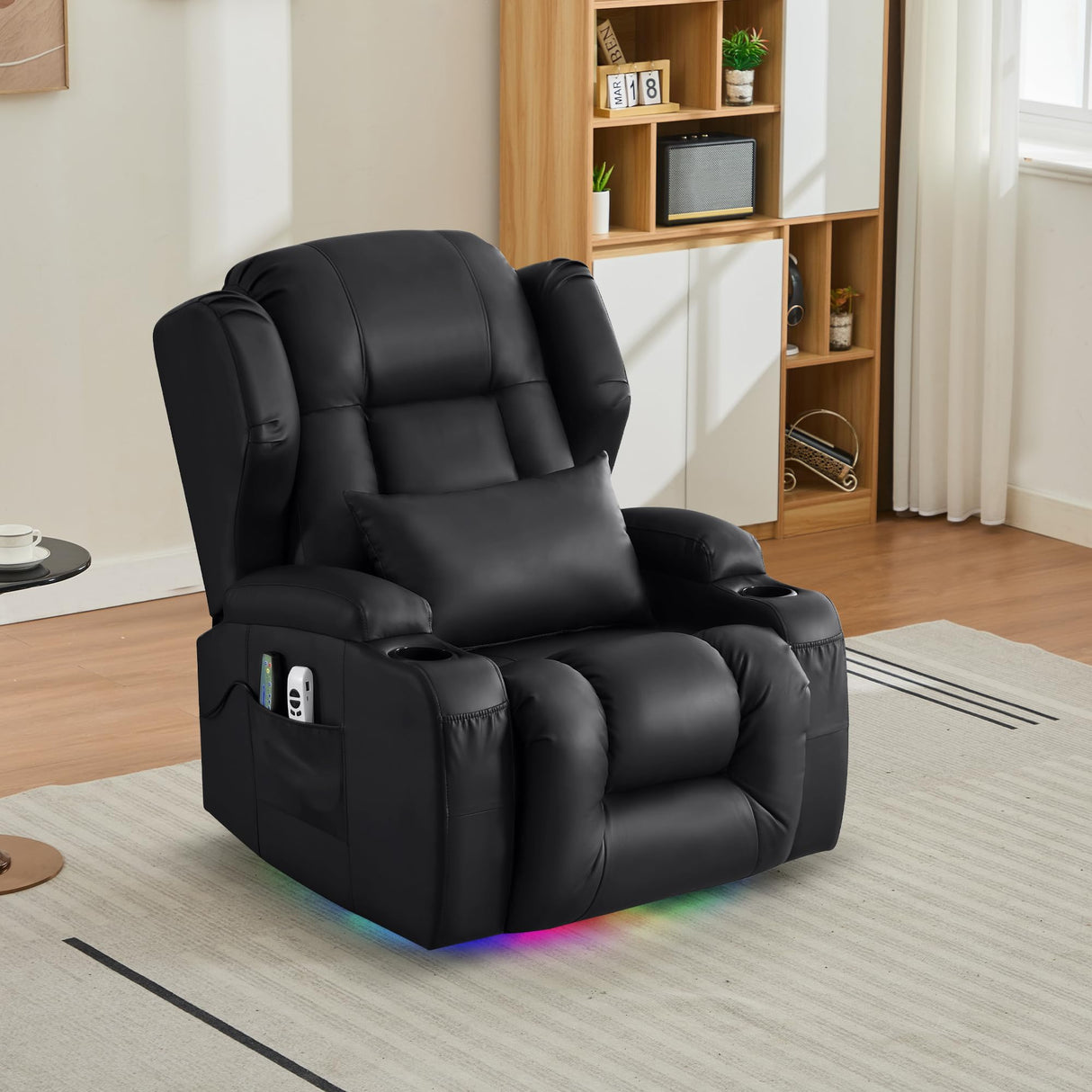 URRED Rocker Recliner Chair for Adults with Vibrating Massage and Heat, 270° Swivel Glider Rocking Chair Nursery Power Reclining Sofa with Ambient Lighting, Cup Holders, Faux Leather, Black URRED