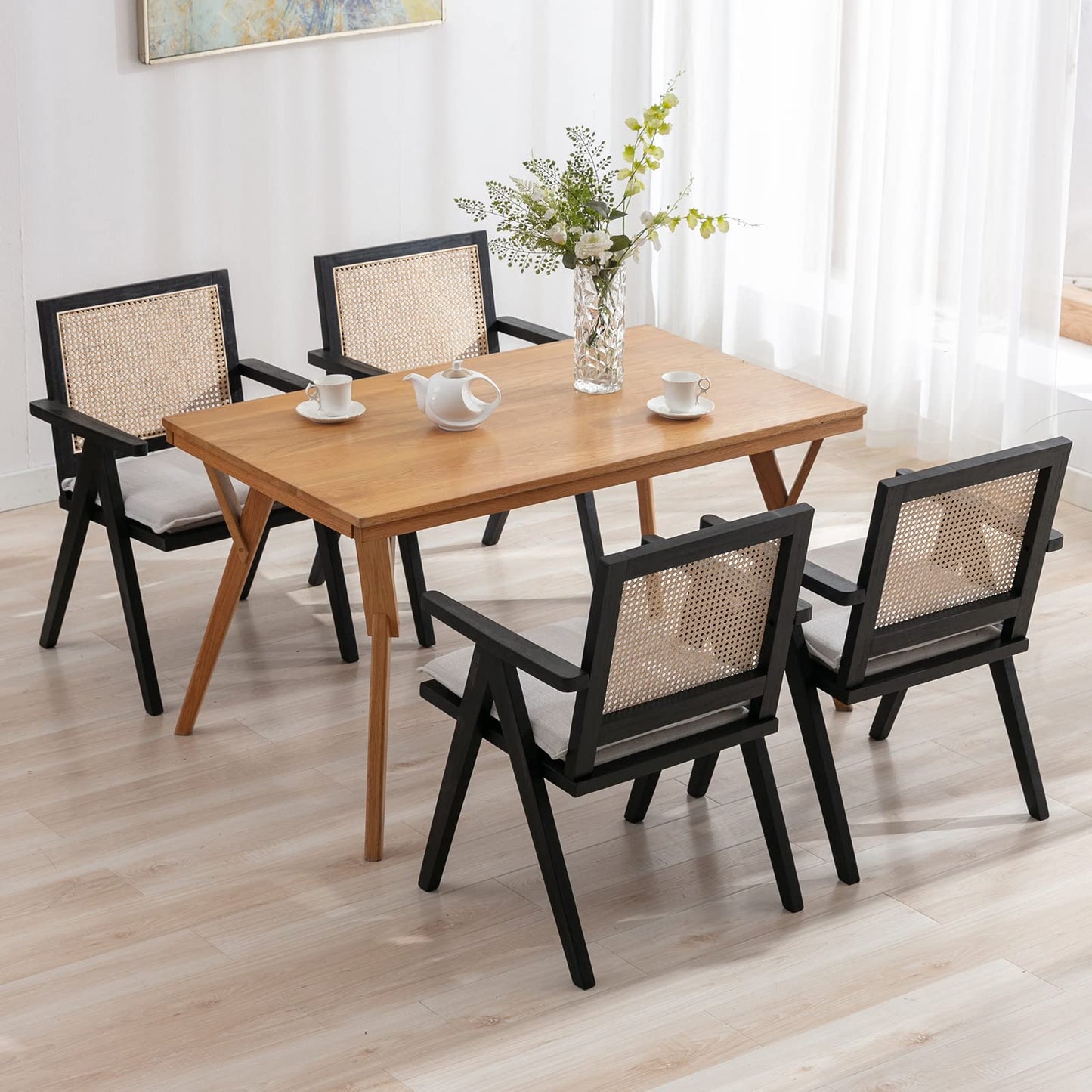 QUINJAY Rattan Dining Chairs Set of 4, Upholstered French Country Dining Room Chairs with Rattan Back Farmhouse Dining Chairs Mid Century Modern Accent Side Chairs with Wood Frame for Kitchen - WoodArtSupply