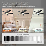 NKPU 52 Inch Ceiling Fans with Lights and Remote/App Control, Low Profile Ceiling Fan with 2 Downrods, DC Reversible, Dimmable, Dual-Sided Blades Modern Black Ceiling Fan for Bedroom Livingroom NKPU