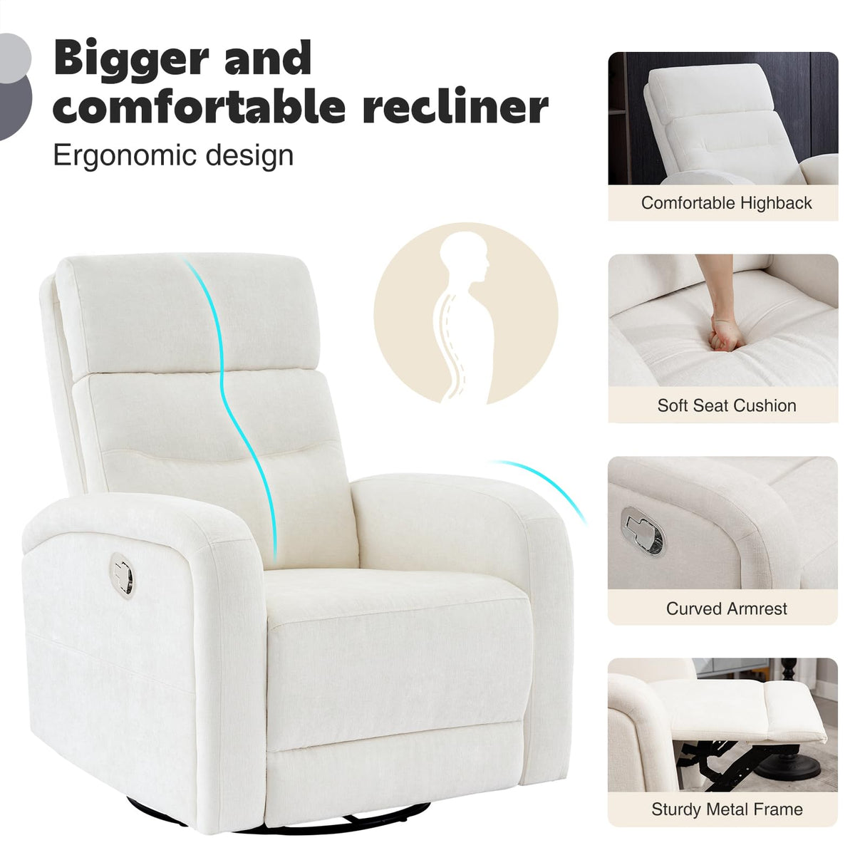 Swivel Rocker Recliner for Adult, Upholstered Recliner Glider Nursery Chair, Manual Fabric Rocking Recliners for Living Room, Bedroom, Chenille White BaseBeauty