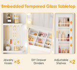 ANWBROAD 49.2" Large Vanity Desk with Mirror and Lights White Makeup Vanity Desk with Glass Top and Power Outlet 8 Drawers Nightstand 5 Hooks Vanity Table with Stool for Bedroom Women Girls UBDT88W ANWBROAD